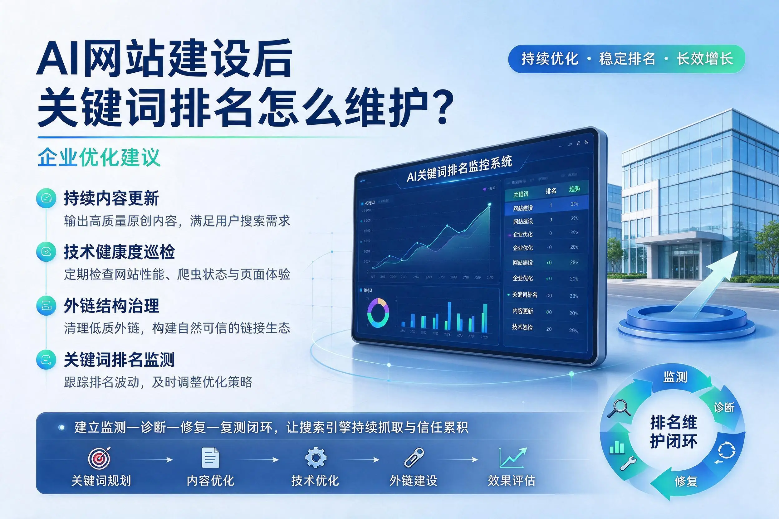 AI网站建设后关键词排名怎么维护？七台河企业优化建议